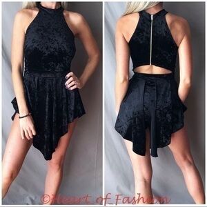 Crushed Velvet Open Back Asymmetric Romper Dress